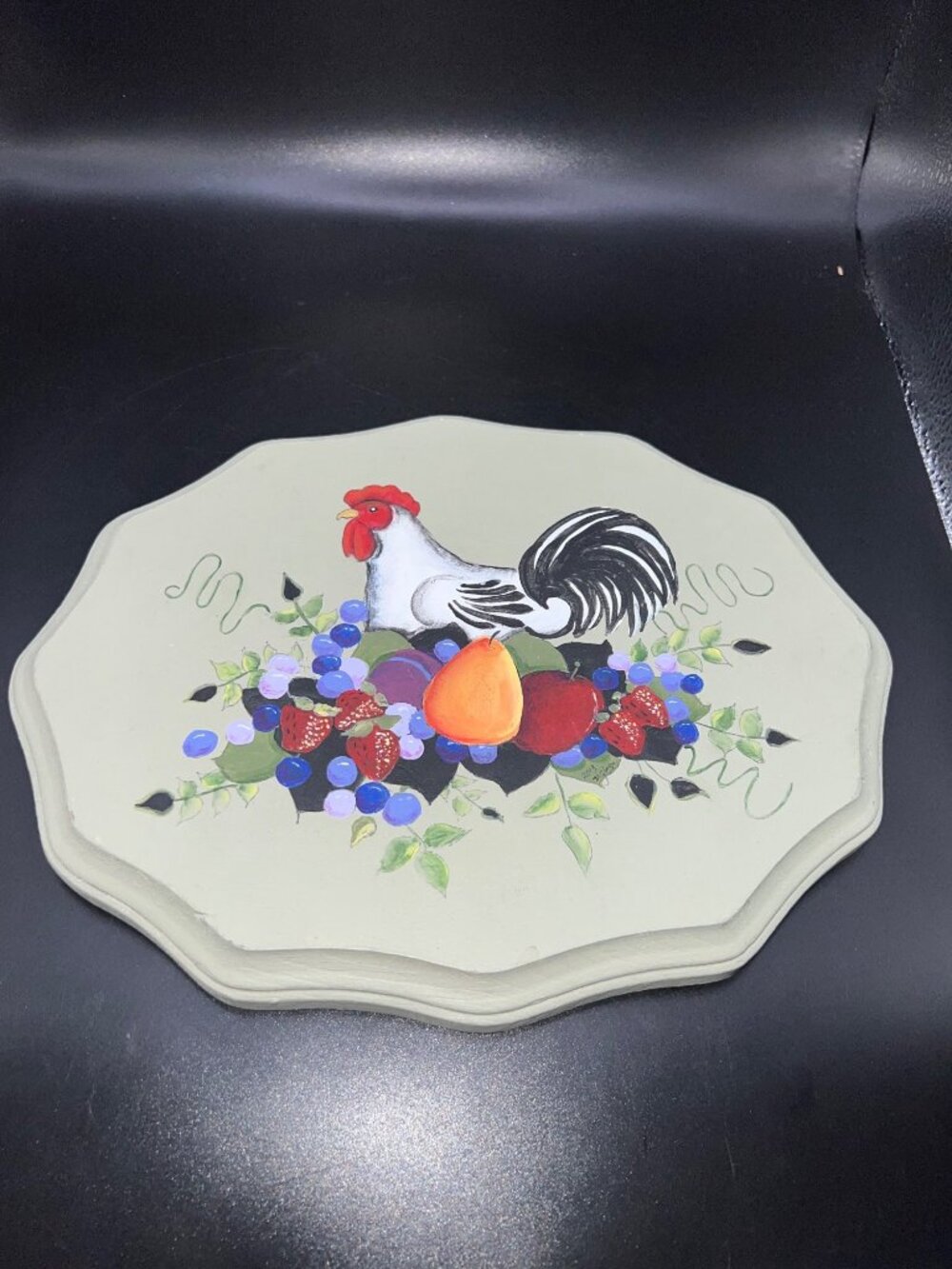 Hand-Painted Wooden Decorative Plaque With Rooster & Fruit Design Signed Trivet